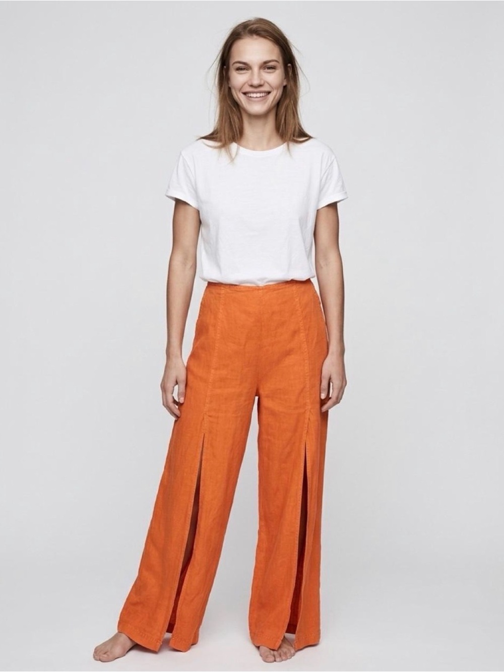 YFB Women Rust Linen/Rayon Wide Split Leg Pull On Crop Pants Elastic Waist S